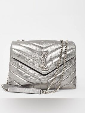 Saint Laurent LouLou Metallic Silver Chevron Quilted Shoulder Bag